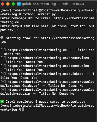 Quick SEO Meta Log CLI output