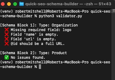 Schema validation output with errors and warnings
